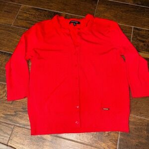Ellen Tracy Red 3/4 Sleeve Crew Neck Button Front Cardigan Sweater Large